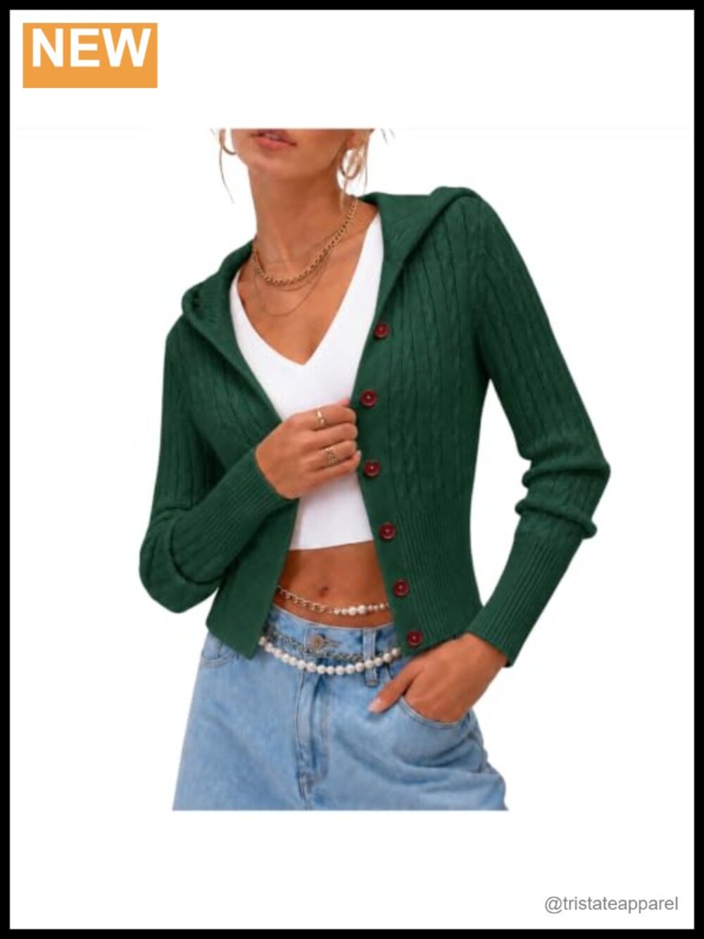 Women's Hooded Cable Knit Cardigan Slim Fit Contrast Button Sweater